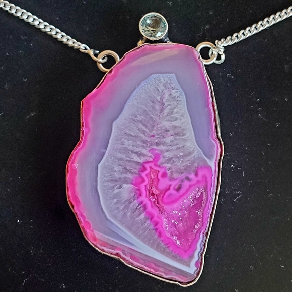 New Pink Agate Druzy & Apatite 925 Silver Necklace. - Picture 4 of 15